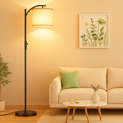 Modern black LED floor lamp with slim aluminum frame, ideal for creating stylish and energy-efficient lighting in living rooms or bedrooms.