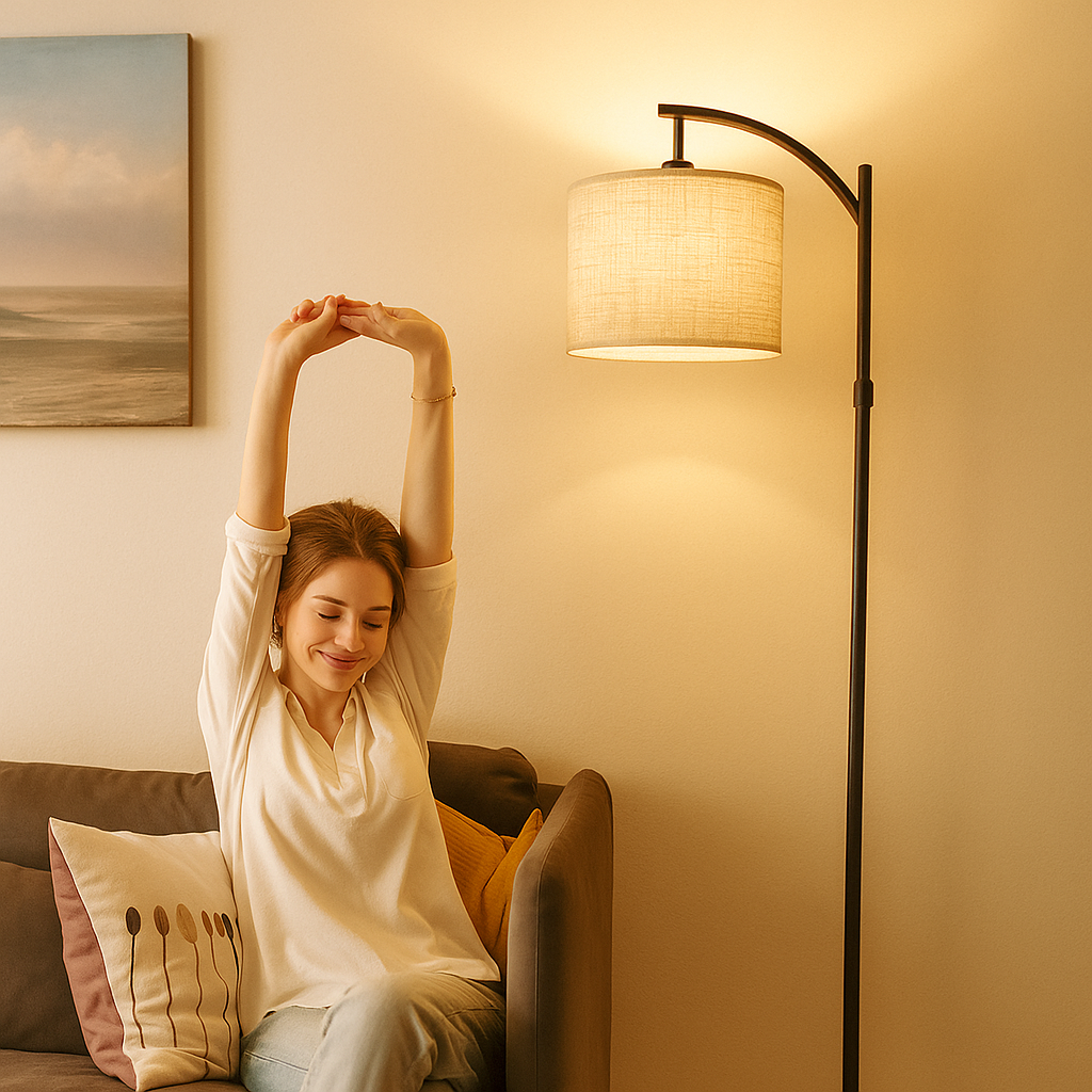 Modern black LED floor lamp with slim aluminum frame, ideal for creating stylish and energy-efficient lighting in living rooms or bedrooms.