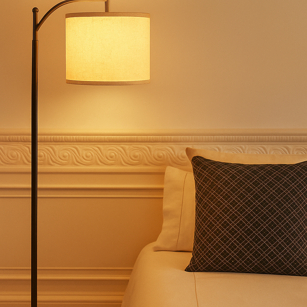 Modern black LED floor lamp with slim aluminum frame, ideal for creating stylish and energy-efficient lighting in living rooms or bedrooms.