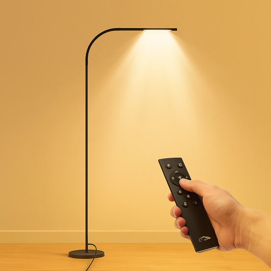 Modern adjustable LED floor lamp with dimmable settings and minimalist design, perfect for reading or relaxing in the living room.
