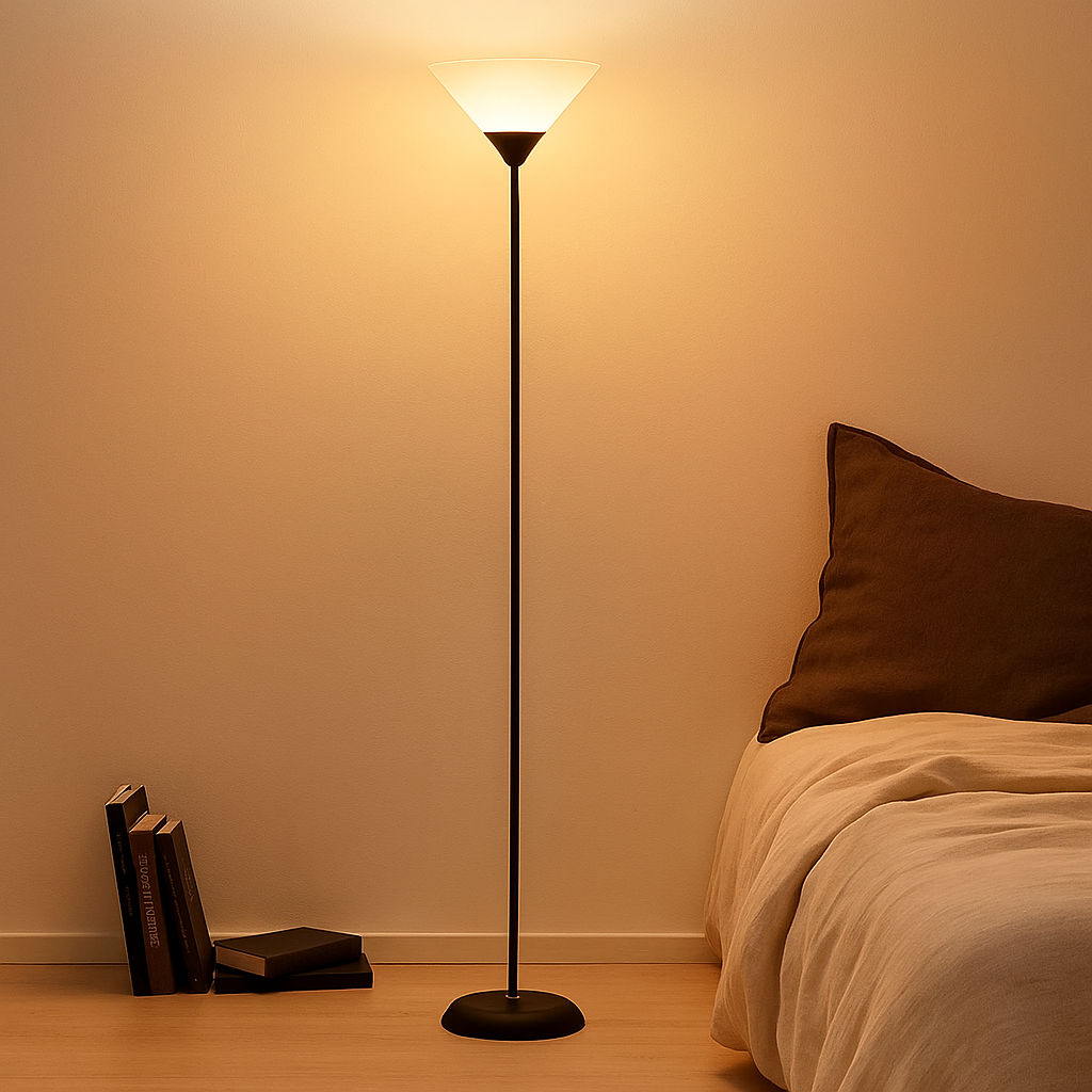 Modern floor lamp with metal cone shade and adjustable color lighting, perfect for adding stylish and functional light to living rooms or bedrooms.
