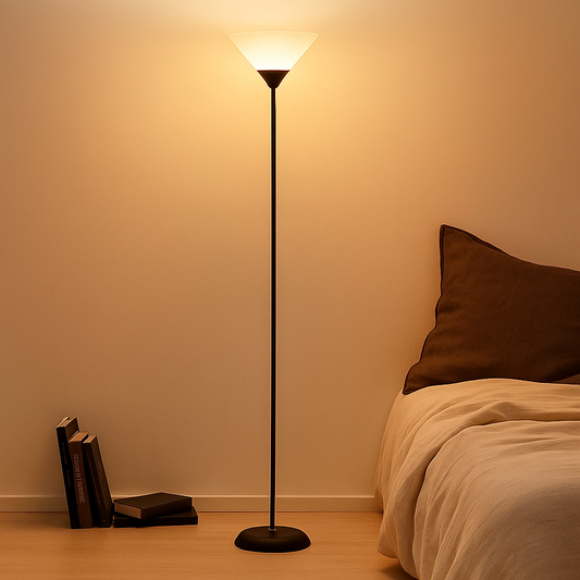 Modern floor lamp with metal cone shade and adjustable color lighting, perfect for adding stylish and functional light to living rooms or bedrooms.