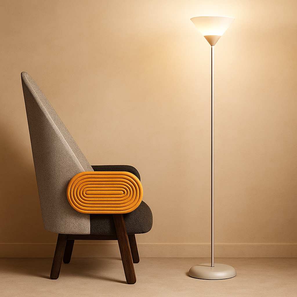 Modern floor lamp with metal cone shade and adjustable color lighting, perfect for adding stylish and functional light to living rooms or bedrooms.