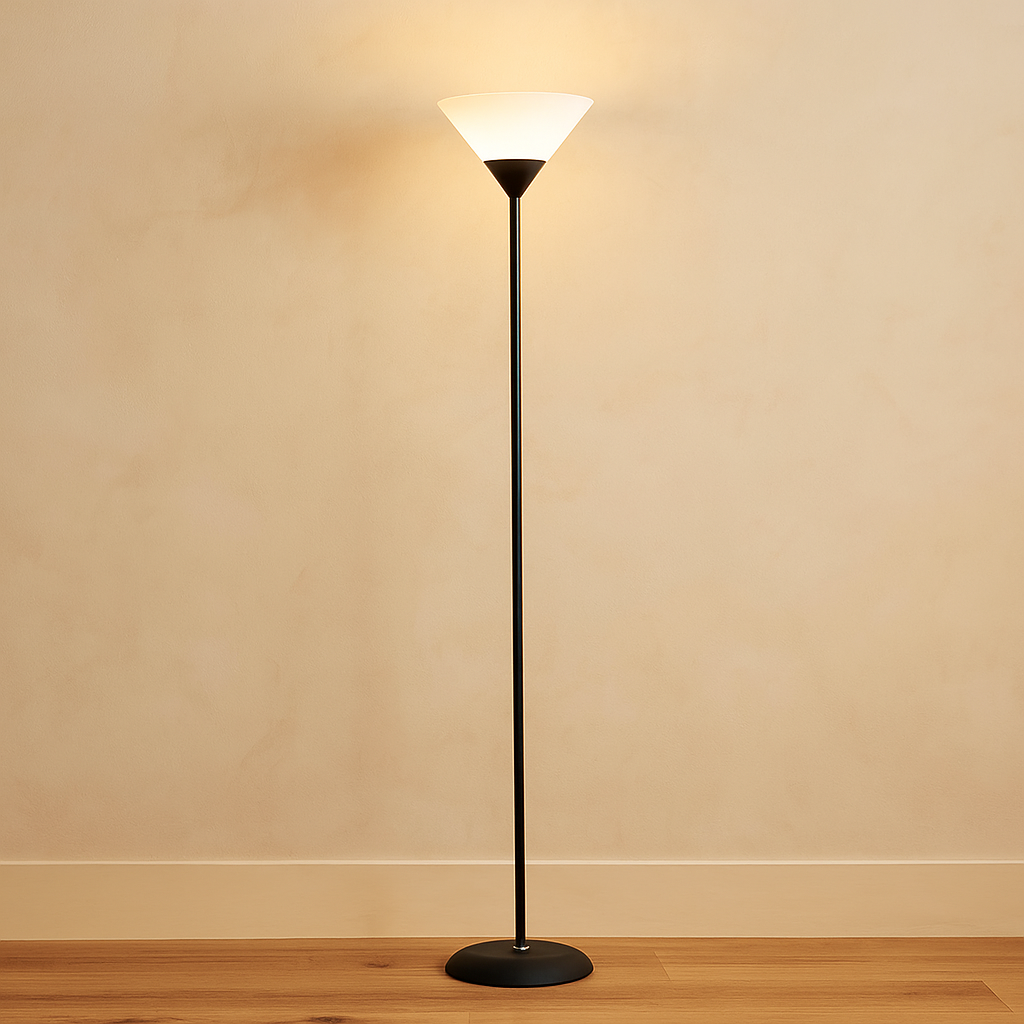 Modern floor lamp with metal cone shade and adjustable color lighting, perfect for adding stylish and functional light to living rooms or bedrooms.