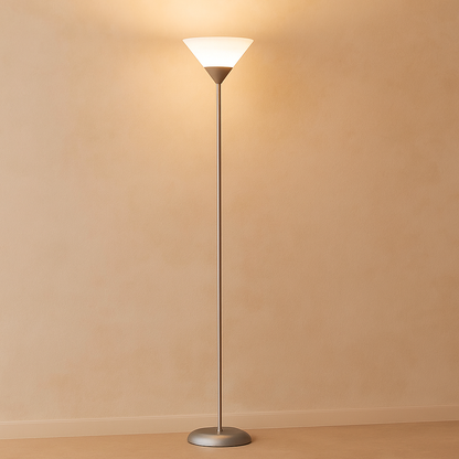 Modern floor lamp with metal cone shade and adjustable color lighting, perfect for adding stylish and functional light to living rooms or bedrooms.