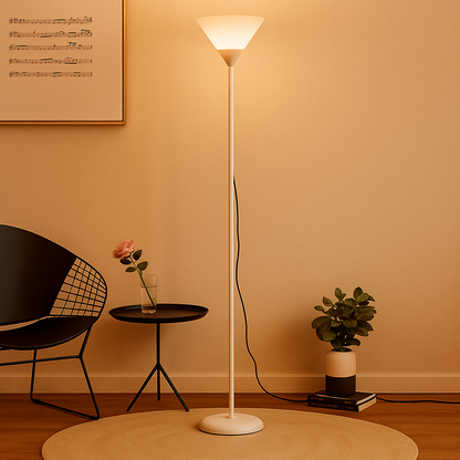 Modern floor lamp with metal cone shade and adjustable color lighting, perfect for adding stylish and functional light to living rooms or bedrooms.