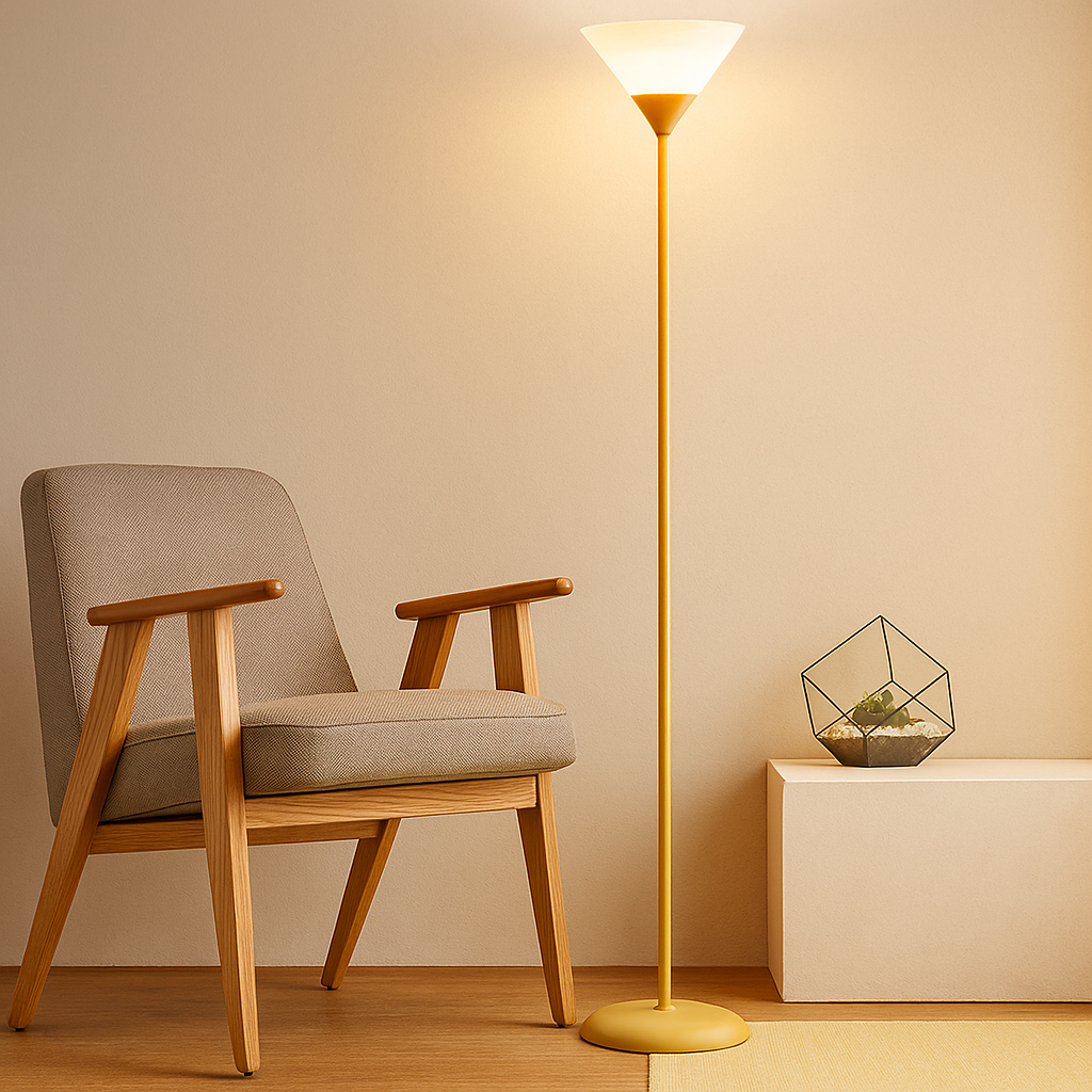 Modern floor lamp with metal cone shade and adjustable color lighting, perfect for adding stylish and functional light to living rooms or bedrooms.