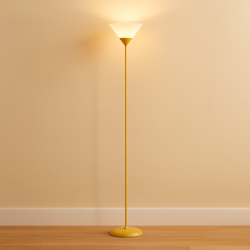 Modern floor lamp with metal cone shade and adjustable color lighting, perfect for adding stylish and functional light to living rooms or bedrooms.