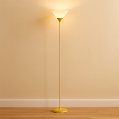 Modern floor lamp with metal cone shade and adjustable color lighting, perfect for adding stylish and functional light to living rooms or bedrooms.