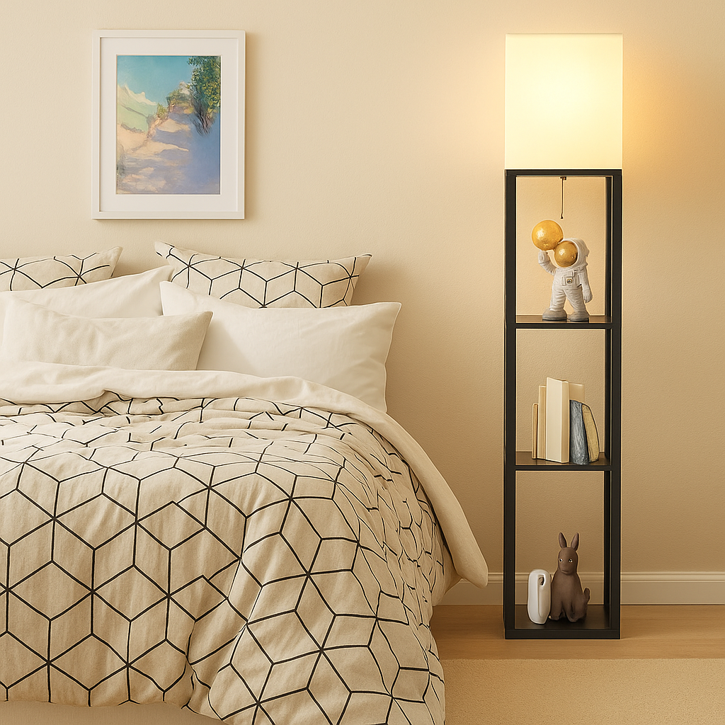 Modern floor lamp with metal cone shade and adjustable color lighting, perfect for adding stylish and functional light to living rooms or bedrooms.