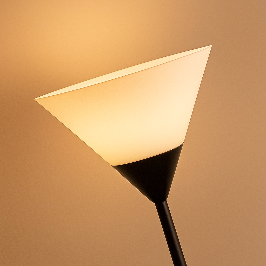 Modern floor lamp with metal cone shade and adjustable color lighting, perfect for adding stylish and functional light to living rooms or bedrooms.