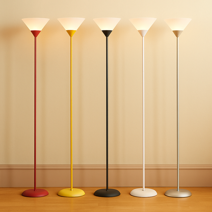 Modern floor lamp with metal cone shade and adjustable color lighting, perfect for adding stylish and functional light to living rooms or bedrooms.