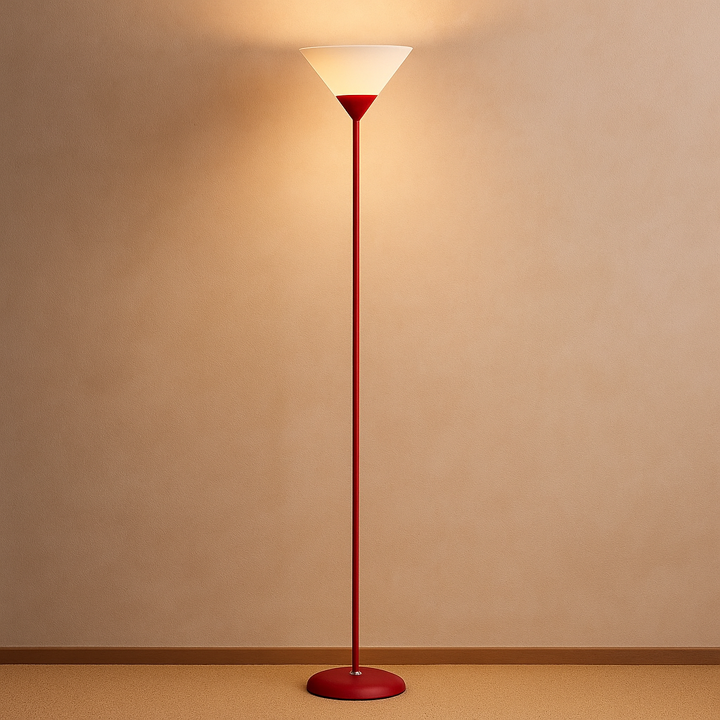 Modern floor lamp with metal cone shade and adjustable color lighting, perfect for adding stylish and functional light to living rooms or bedrooms.