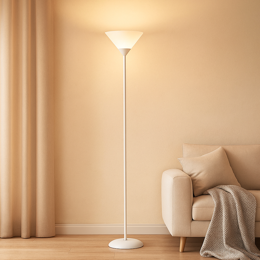 Modern floor lamp with metal cone shade and adjustable color lighting, perfect for adding stylish and functional light to living rooms or bedrooms.