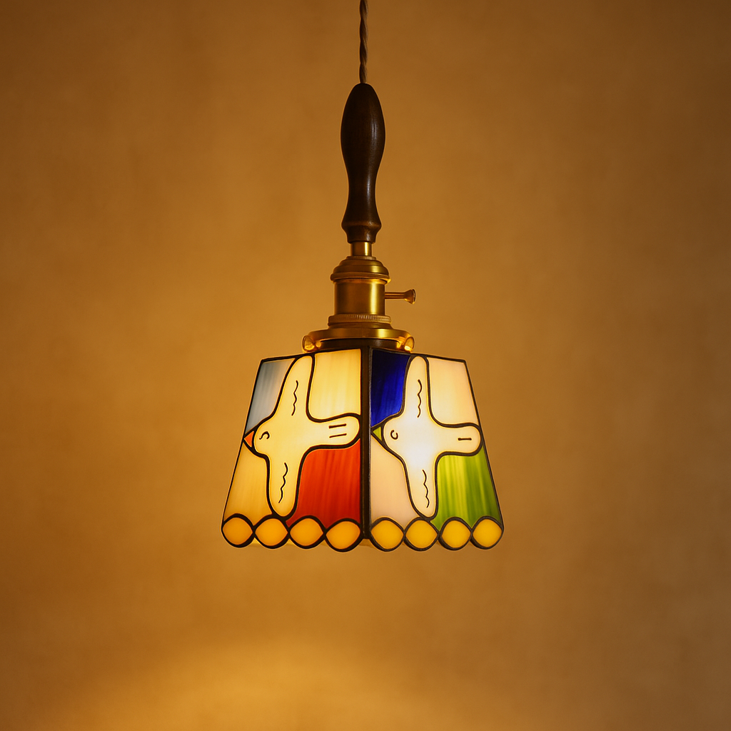 Handmade Tiffany glass pendant light with copper accents, ideal for adding warmth and elegance to living rooms or bedrooms.
