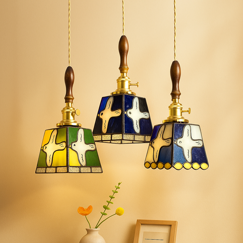 Handmade Tiffany glass pendant light with copper accents, ideal for adding warmth and elegance to living rooms or bedrooms.