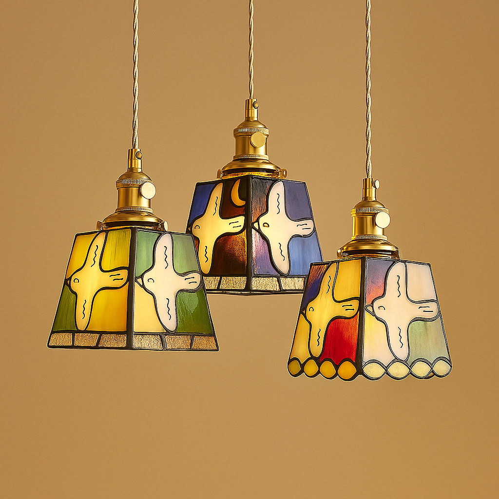 Handmade Tiffany glass pendant light with copper accents, ideal for adding warmth and elegance to living rooms or bedrooms.