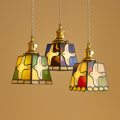 Handmade Tiffany glass pendant light with copper accents, ideal for adding warmth and elegance to living rooms or bedrooms.