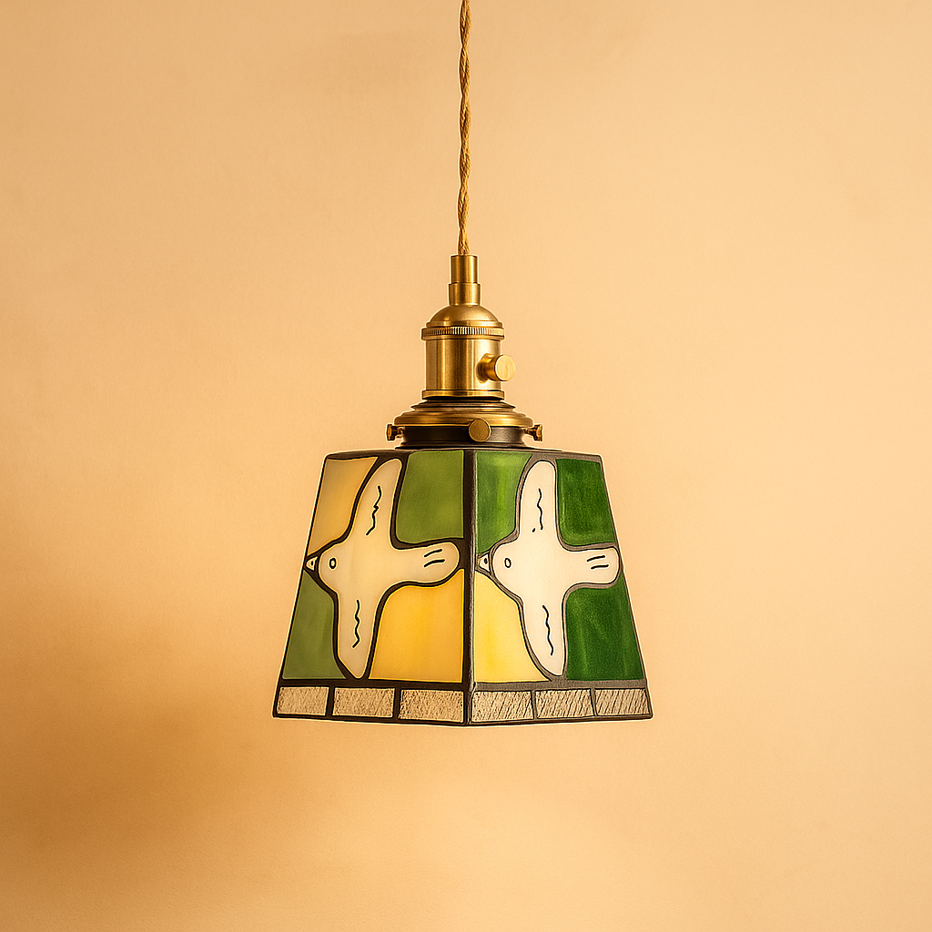 Handmade Tiffany glass pendant light with copper accents, ideal for adding warmth and elegance to living rooms or bedrooms.