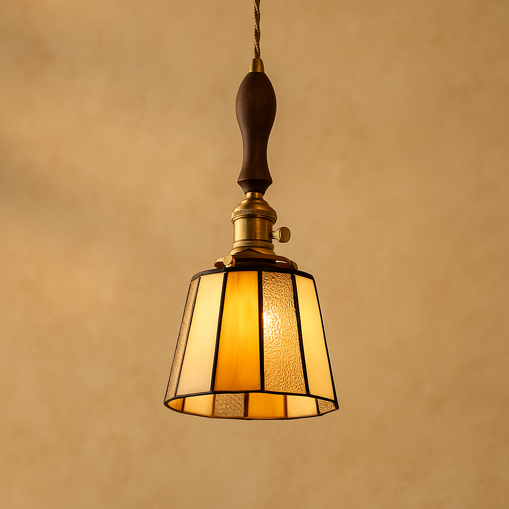 Handmade Tiffany glass pendant light with copper accents, ideal for adding warmth and elegance to living rooms or bedrooms.