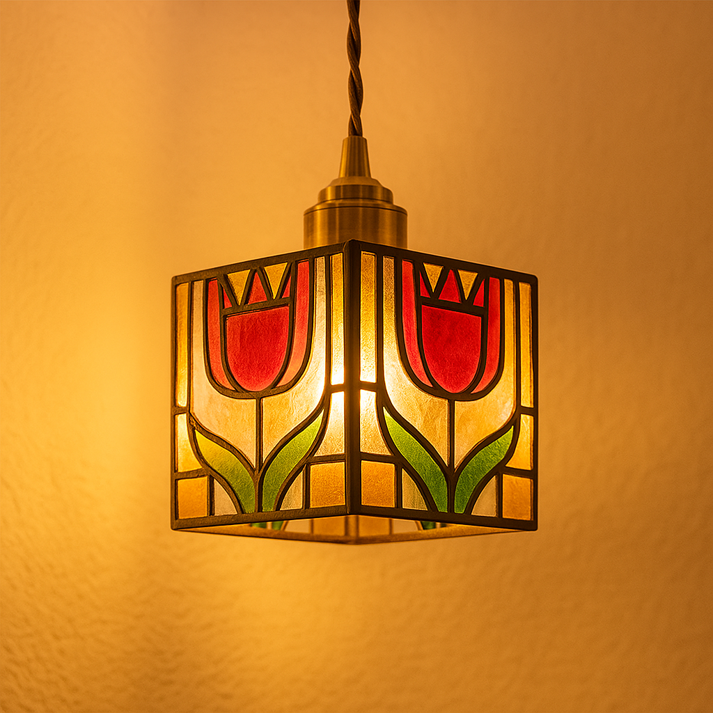 Handmade Tiffany glass pendant light with copper accents, ideal for adding warmth and elegance to living rooms or bedrooms.