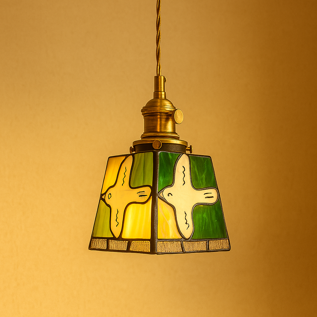 Handmade Tiffany glass pendant light with copper accents, ideal for adding warmth and elegance to living rooms or bedrooms.