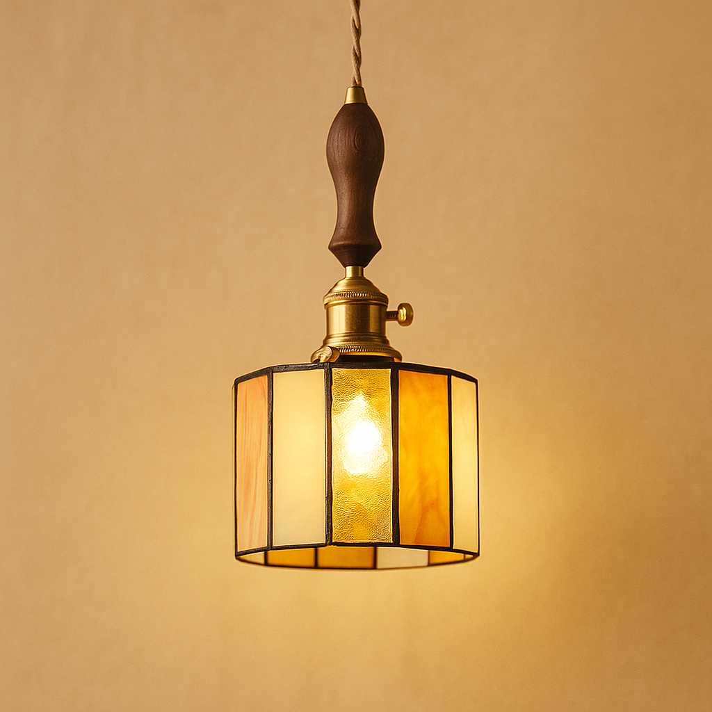 Handmade Tiffany glass pendant light with copper accents, ideal for adding warmth and elegance to living rooms or bedrooms.