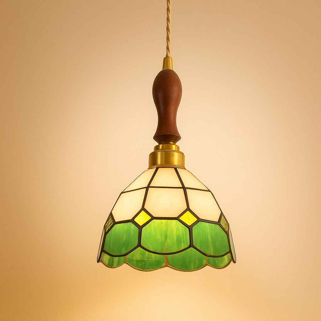 Handmade Tiffany glass pendant light with copper accents, ideal for adding warmth and elegance to living rooms or bedrooms.
