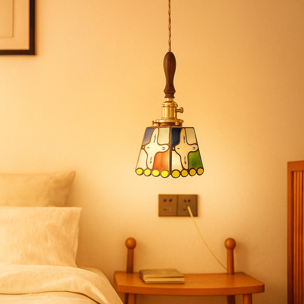 Handmade Tiffany glass pendant light with copper accents, ideal for adding warmth and elegance to living rooms or bedrooms.