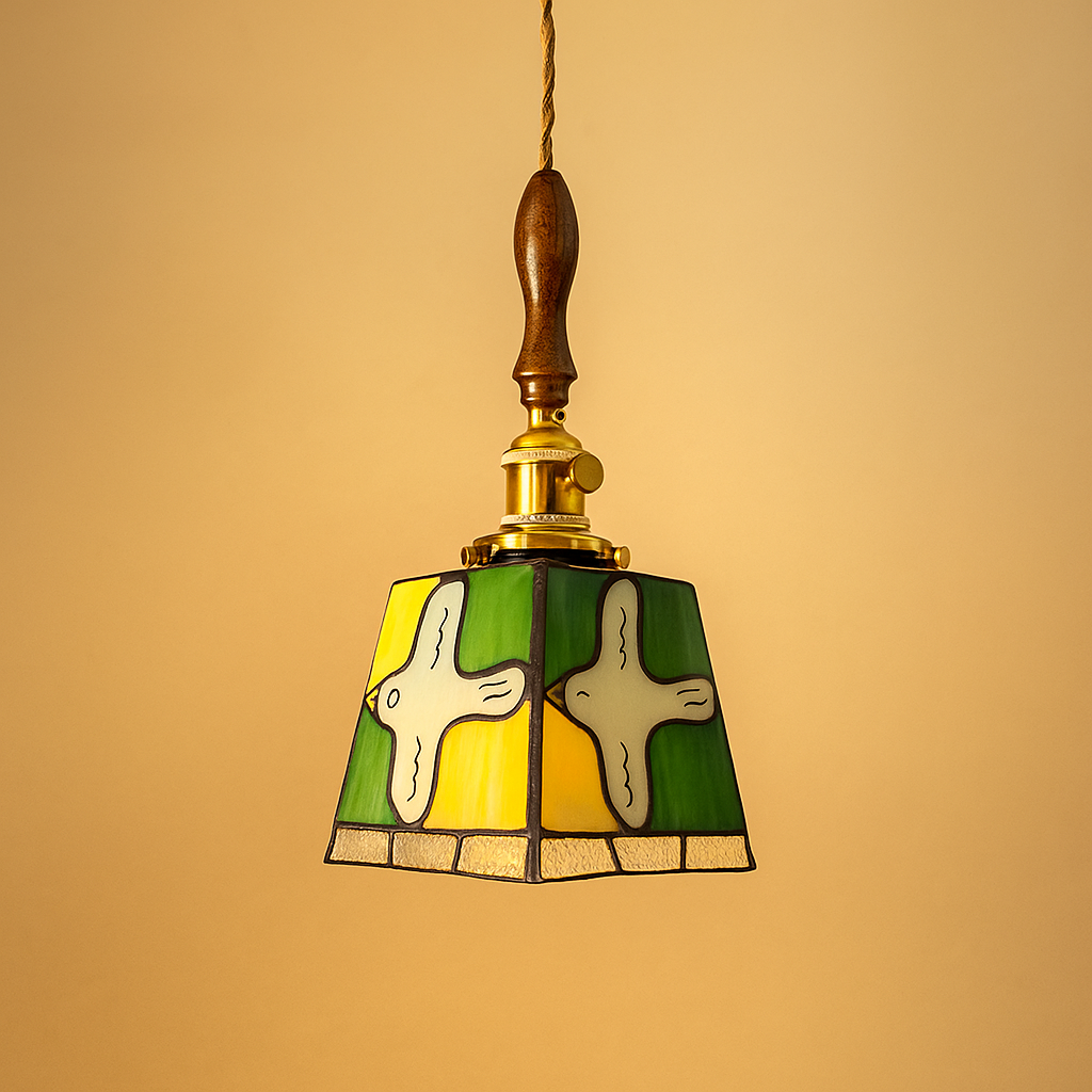 Handmade Tiffany glass pendant light with copper accents, ideal for adding warmth and elegance to living rooms or bedrooms.