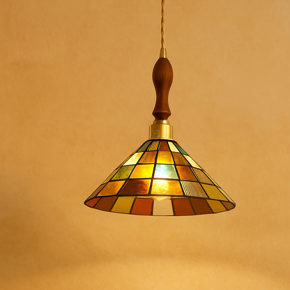 Handmade Tiffany glass pendant light with copper accents, ideal for adding warmth and elegance to living rooms or bedrooms.
