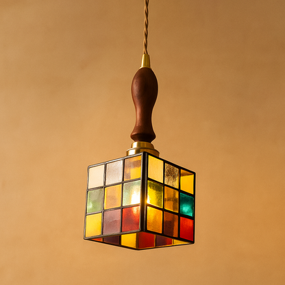 Handmade Tiffany glass pendant light with copper accents, ideal for adding warmth and elegance to living rooms or bedrooms.