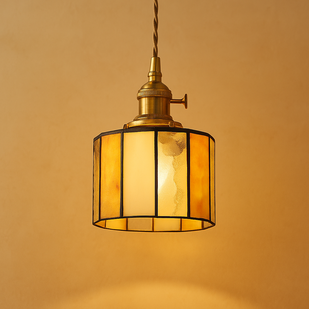 Handmade Tiffany glass pendant light with copper accents, ideal for adding warmth and elegance to living rooms or bedrooms.