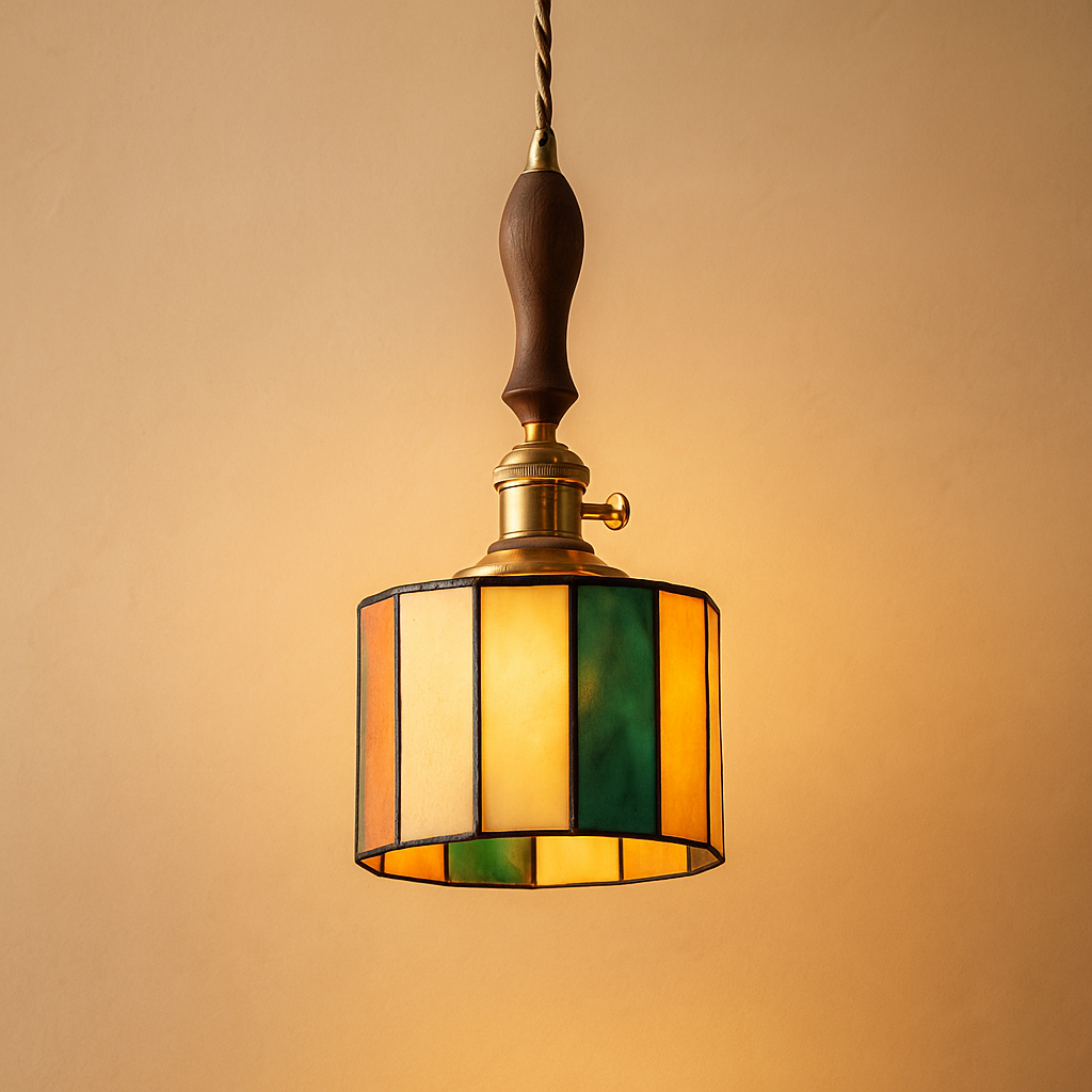 Handmade Tiffany glass pendant light with copper accents, ideal for adding warmth and elegance to living rooms or bedrooms.