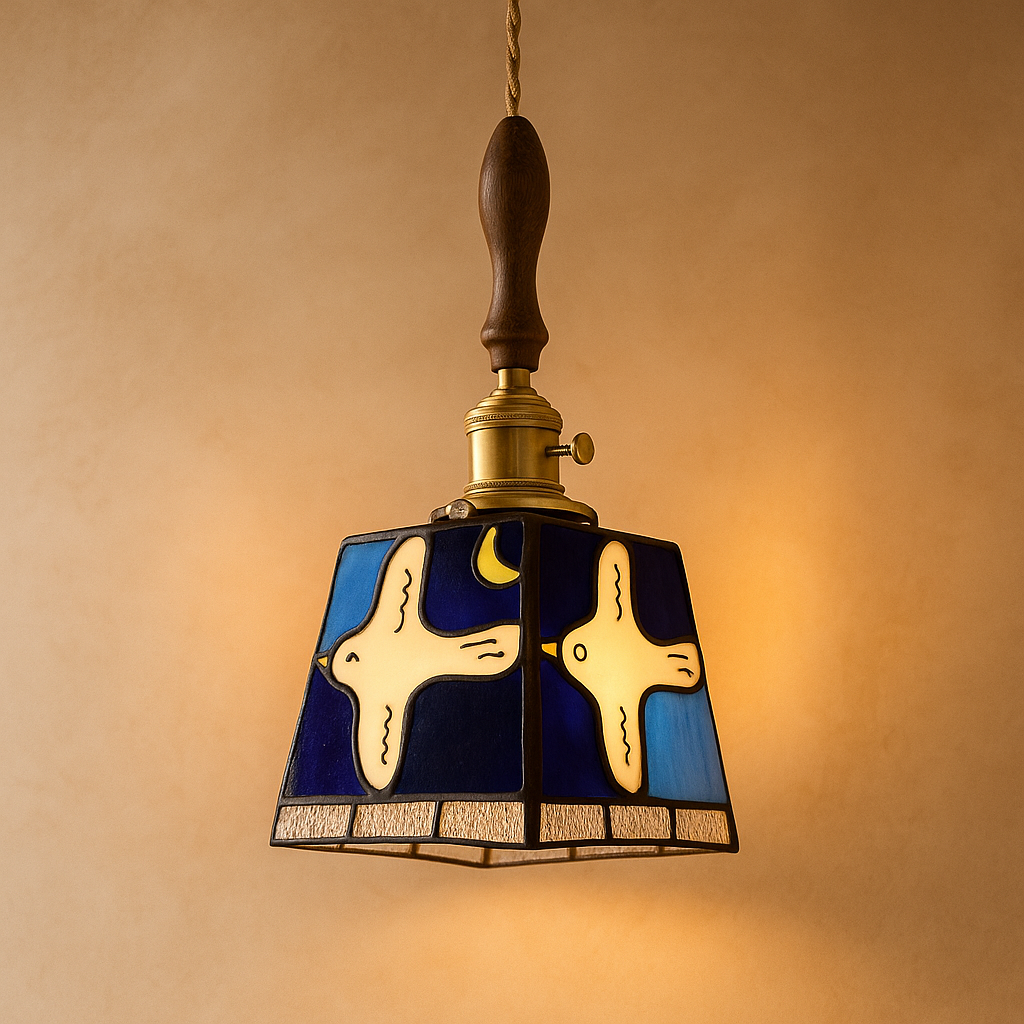 Handmade Tiffany glass pendant light with copper accents, ideal for adding warmth and elegance to living rooms or bedrooms.